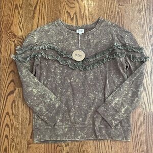 BiBi Fringed Crew Neck Hunter Green Pullover Coastal Cowgirl Top Size Large